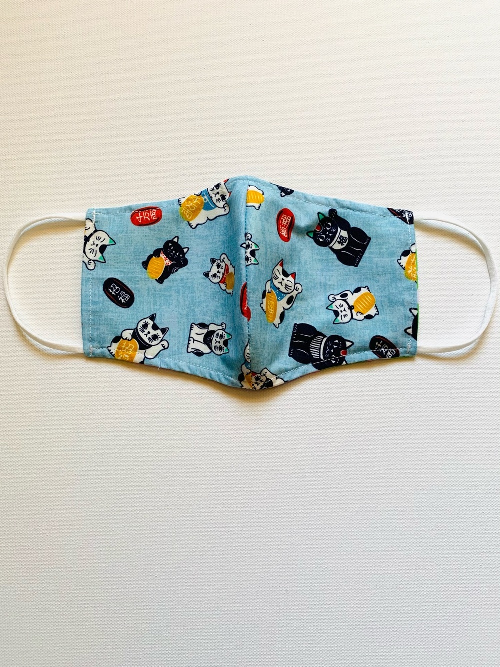 NEW Handmade Blue Lucky Cat Print Kids Cotton Face Mask